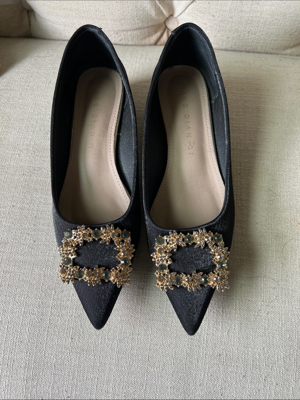 Gianni Bini Black Pointed Toe Flats with Gold Crystal Buckles